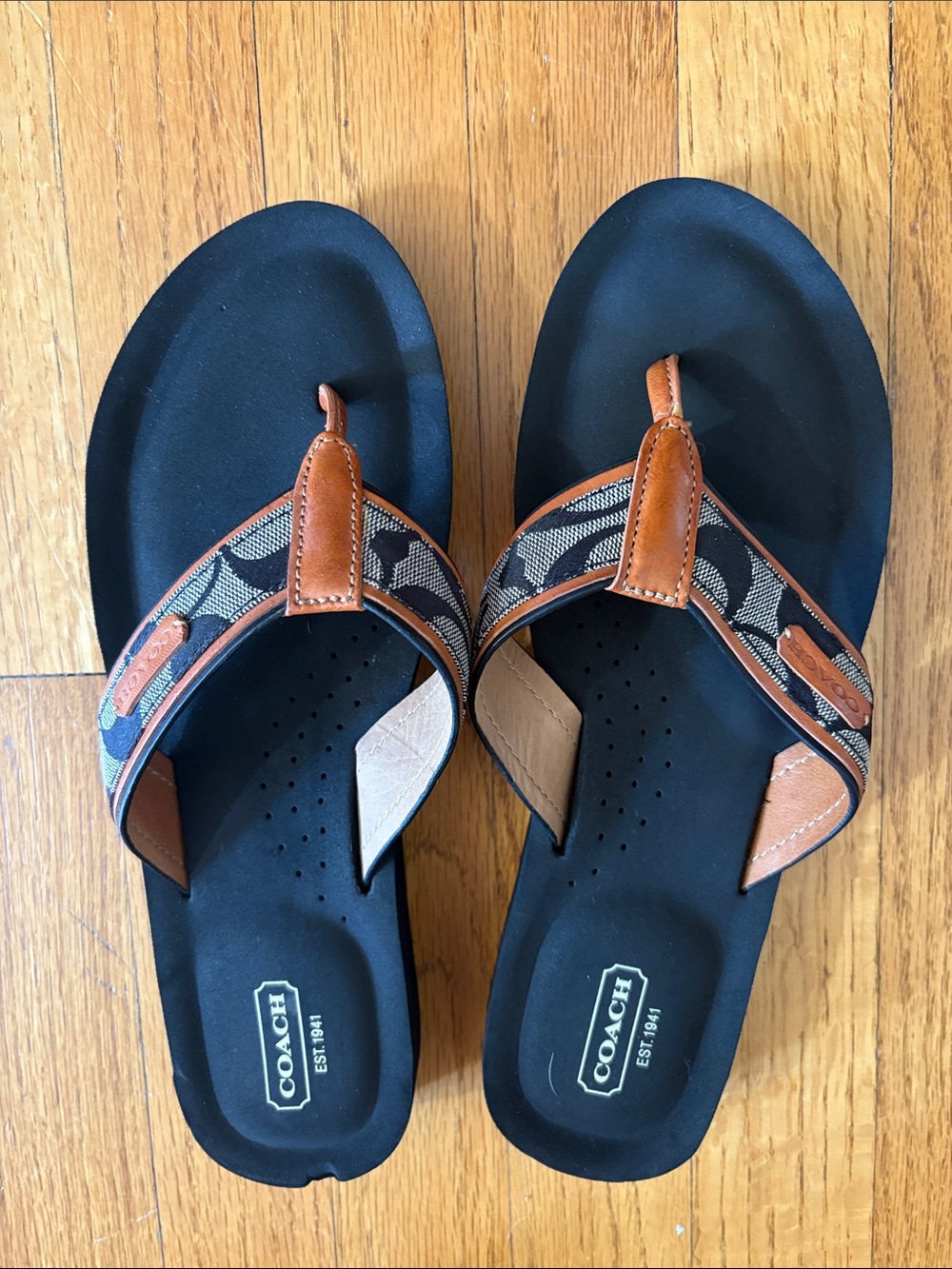 Coach Black Footbed Brown Leather-Trim Signature Canvas Thong Sandals